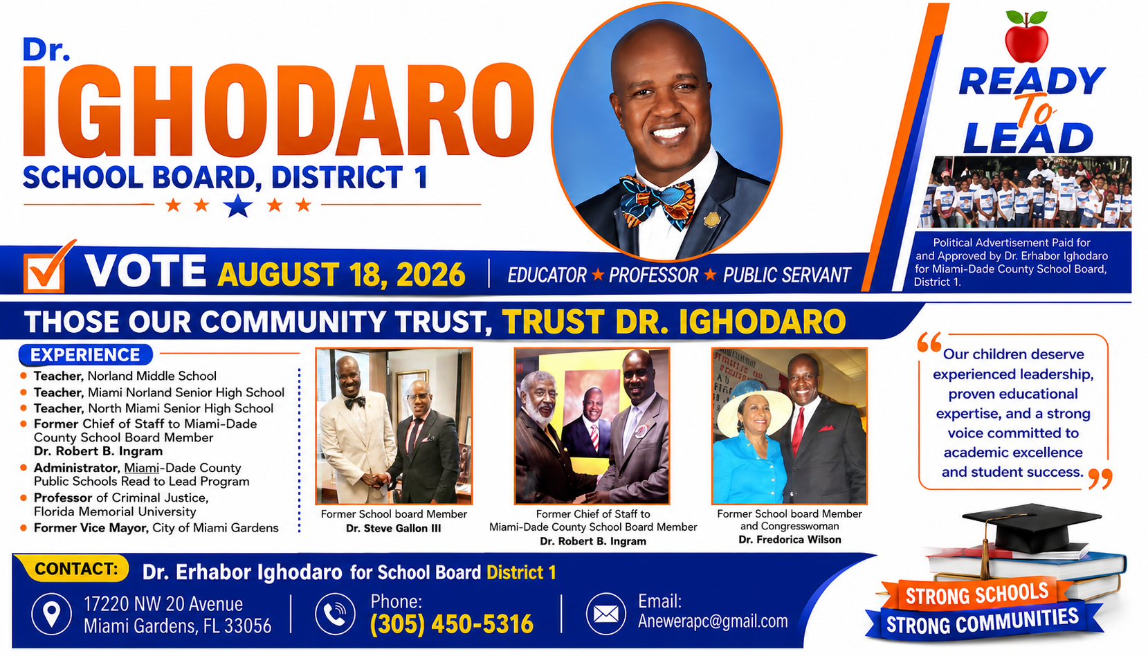 Dr. Ighodaro campaign flyer with community trust and experience details